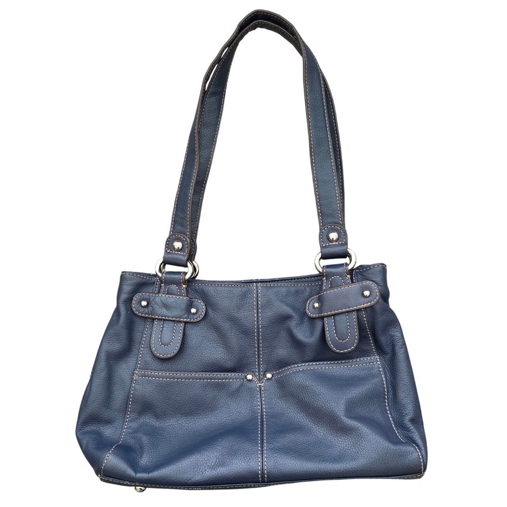 Classic Minimalist Navy Blue Pebbled Leather Shoulder Bag By Tignanello Medium